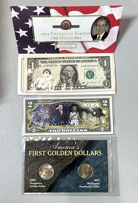 PRESIDENTIAL BILLS/COINS. 2004 $1, $2 AND FIRST GOLDEN DOLLAR