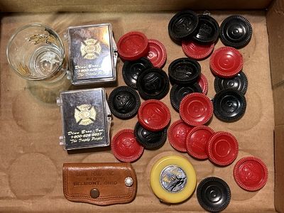 FIRE DEPT MEMORABILIA. SHOT GLASS, CHECKERS, FIRE DEPT PINS