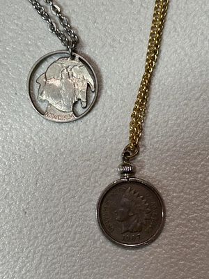 1937 AND 1907 WHEAT PENNY NECKLACES. 1907 W/ GOLD CHAIN AND 1937 W/ SILVER CHAIN