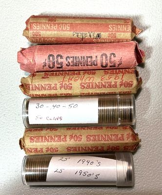 6 ROLLS OF WHEAT PENNIES. 2 1953, 30,40 AND 50 ROLL AND 40'S AND 50'S ROLL 2 OTHER MISC