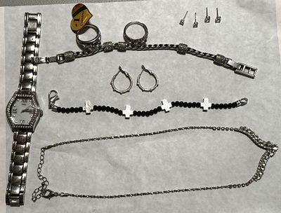 COSTUME JEWELRY LOT. STERLING SILVER, WATCH, BRACELTS, RINGS, EARRINGS AND PIN