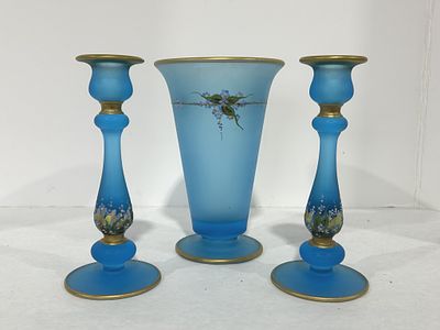 VINTAGE BLUE HANDPAINTED VASE AND CANDLE STICK SET