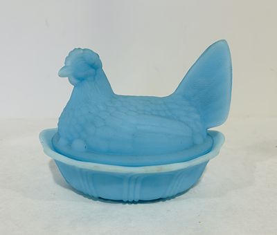 FENTON BLUE SATIN HEN ON NEST. NO CHIPS OR CRACKS