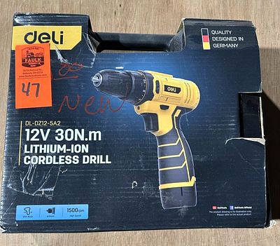 DELI 12V CORDLESS DRILL. SERIAL: DL-DZ12-5A2 BATTERY AND CHARGER INCLUDED