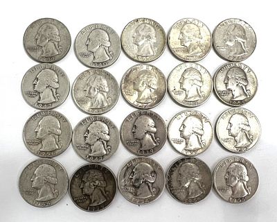 20 PRE 1964 WASHINGTON QUARTERS. YEARS 1940,1940,1955, 1957, 1956, 1939, 1954, 1947, 1944, 1943