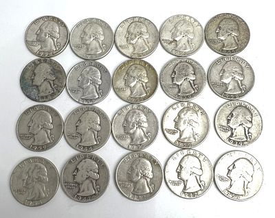 20 PRE 1964 WASHINGTON QUARTERS. YEARS 1938, 1957, 1958, 1955, 1956, 1939, 1944, 1947, 1942