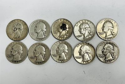 10 PRE 1964 WASHINGTON QUARTERS. YEARS 1941, 1955, 1950, 1944, 1962, 1955, 1958, 1948, 1947