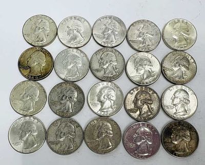 20 PRE 1964 WASHINGTON QUARTERS. YEARS 1961, 1962, 1964, 1960, 1963