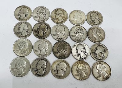 20 PRE 1964 WASHINGTON QUARTERS. YEARS 1935, 1938, 1953, 1942, 1952, 1955, 1949, 1950, 1940 