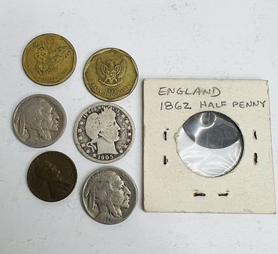 MIXED LOT OF VARIOUS COINS. ENGLAND HALF PENNY, BUFFALO NICKELS, INDONESIA COINS