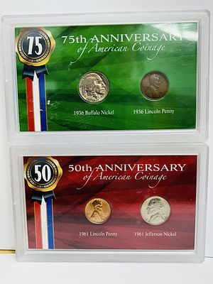 50TH AND 75TH ANNIVERSARY SET. 50TH ANNIVERSARY OF AMERICAN COINAGE 1961 LINCOLN PENNY AND 1961 