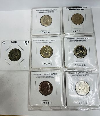 UNCIRCULATED JEFFERSON NICKELS YEARS 1969-D, 1977, 1979-D, 1980-D, 1988-D, 1989-D, AND 1943-P 