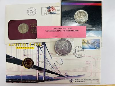 1965 FIRST DAY ISSUED QUARTER AND OTHER COMMEMORATIVE MEDALLIONS