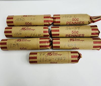 PRE 1955 PENNIES. 6 AND A HALF ROLLS OF PENNYS RANGING FROM YEARS 1910-1928, 1930-1939, 1952D