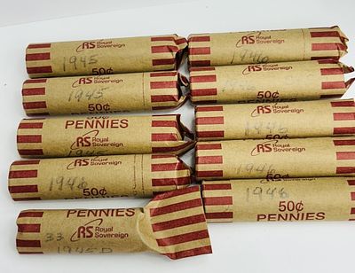 1945 AND 1946 PENNIES. 9 AND 1/2 ROLLS OF 1945 AND 1946 PENNIES