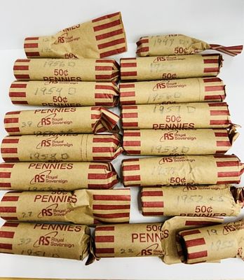 1950S PENNIES. 12 FULL ROLLS OF 1950S PENNIES AND 5 PARTIAL ROLLS