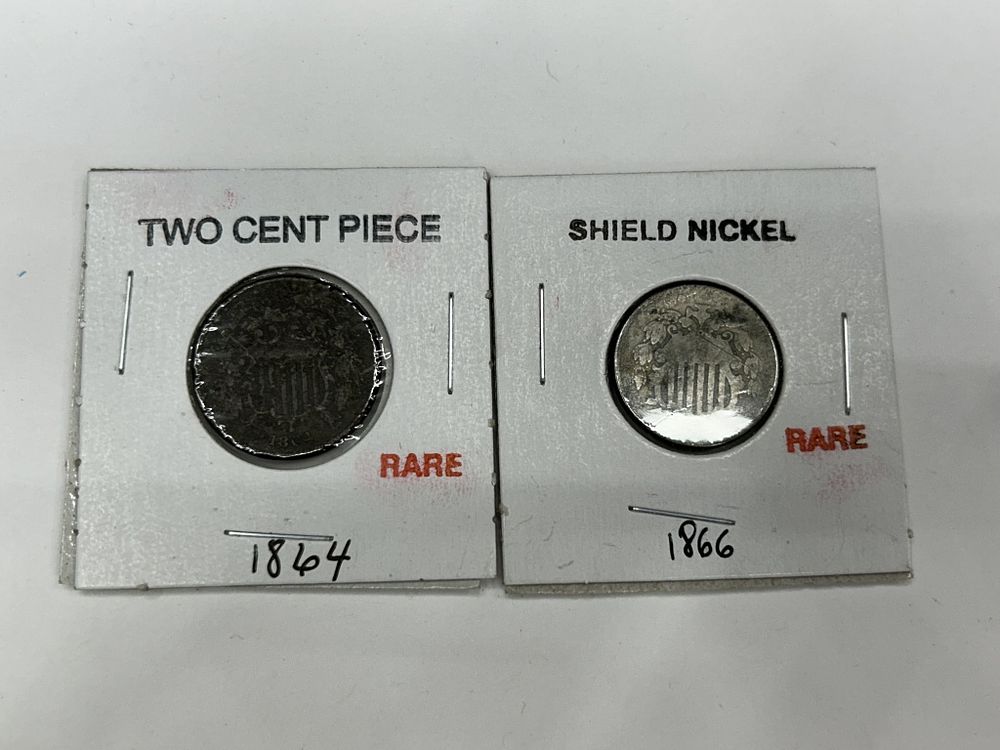 Lot 768: 1864 RARE 2 CENT PIECE AND 1866 SHIELD NICKEL