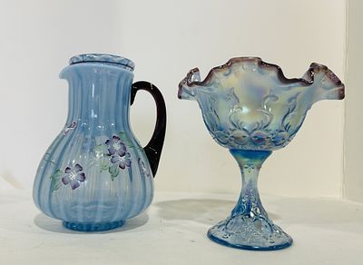 FENTON 75TH ANNIVERSARY DIAMOND JUBILEE PITCHER. TUMBLE UP PITCHER AND FENTON COMPOTE