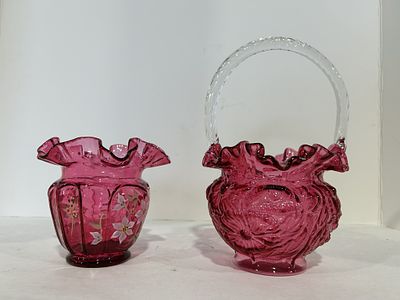FENTON RUFFLED EDGE FLORAL VASE CRANBERRY. LOT ALSO INCLUDES CRANBERRY FENTON GLASS BASKET