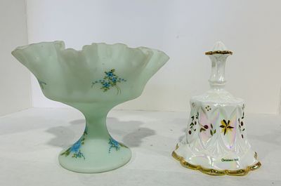FENTON BLUE SATIN HANDPAINTED COMPOTE. LOT ALSO INCLUDES CHRISTMAS 1998 BELL