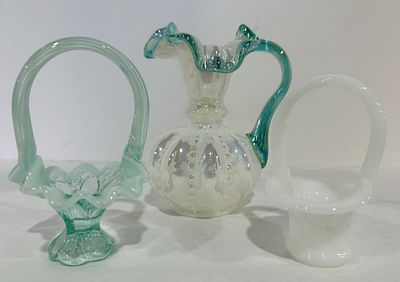 FENTON SEA MIST GREEN BASKET W/RUFFLED EDGE. ALSO INCLUDES FRENCH OPALESCENT IRIDIZED MELON PITCHER