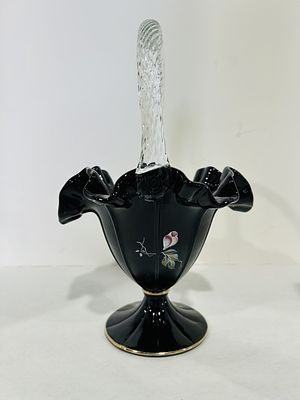 FENTON HANDPAINTED BLACK BASKET WITH CLEAR HANDLE. PAINTED BY C MACKEY