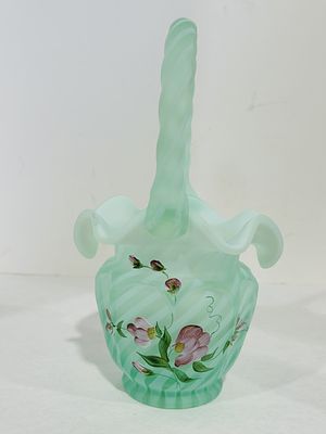 FENTON WILLOW GREEN SATIN SPIRAL OPTIC BASKET. HANDPAINTED BY C SMITH WITH BILL FENTON ON BOTTOM 