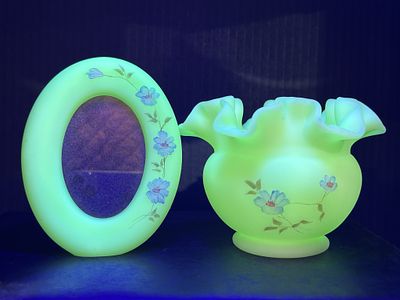 FENTON URANIUM FRAME AND RUFFLED EDGE VASE. BOTH HANDPAINTED IN BLUE FLORAL PATTERN