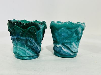 EMERALD SLAG GLASS TOOTHPICK HOLDERS. SET OF 2