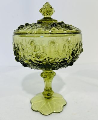 FENTON CABBAGE ROSE FOOTED COMPOTE. COLONIAL GREEN COLOR