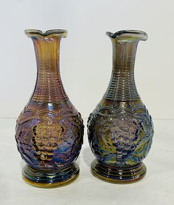 IMPERIAL GLASS GRAPE ELECTRIC AMETHYST VASE. SET OF 2