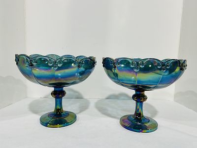 PAIR OF INDIANA BLUE CARNIVAL PEDESTAL BOWLS. GARLAND PATTERN