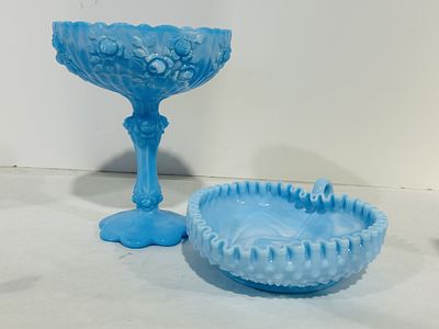 FENTON CABBAGE ROSE BLUE SLAG PEDESTAL COMPOTE. FENTON BLUE SLAG HOBNAIL HEARTSHAPED DISH