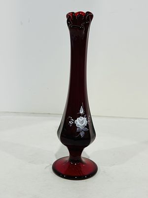 FENTON RUBY RED HANDPAINTED BUD VASE. .