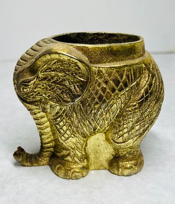 Cast Metal Elephant w Brass-Toned Finish. A cast metal decorative vessel shaped as a stylized 