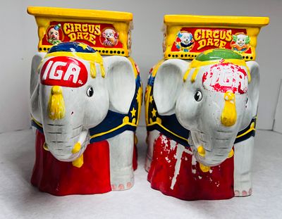 Pair of IGA Promo Circus Elephant Cookie Jars. A pair of ceramic cookie jars produced as 