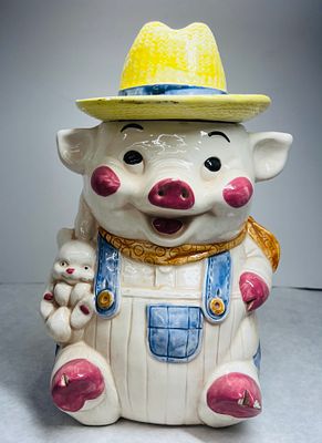 Vintage Ceramic Farmer Pig Cookie Jar. This vintage ceramic cookie jar is modeled as an 
