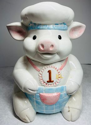 Vintage Glazed Ceramic Pig Chef Cookie Jar. A two-part figural cookie jar constructed from 