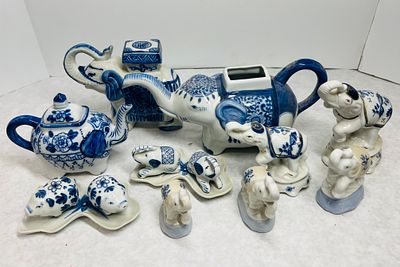 Blue and White Ceramic Elephant-Themed Tableware and Figurines. This collection consists of 