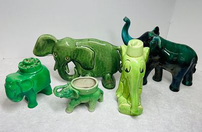 Green Glazed Ceramic Elephant Figurines and Containers. A collection of vintage ceramic items 
