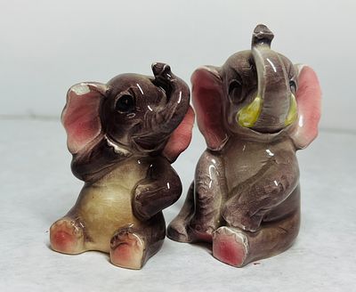 Vintage Glazed Ceramic Elephant Salt and Pepper Shakers. A pair of vintage glazed ceramic salt 