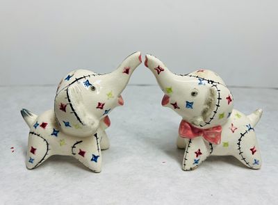 Mid-Century Patchwork Style Ceramic Elephant Salt and Pepper Shakers. A pair of mid-century 