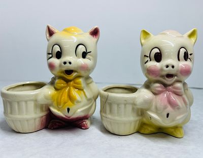 Mid-Century Pig Ceramic Figurines with Barrel Vessels. A pair of glazed ceramic figurines 