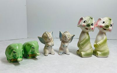 Six Vintage Ceramic Elephant Figurines including Skyline Drive Souvenirs and Mid-Century 