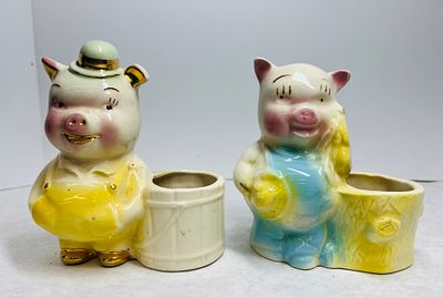 A Pair of Vintage Anthropomorphic Ceramic Pig Planters in the Style of American Bisque. This lot 