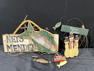 Rustic Fishing-Themed Painted Wood and Wall Hangings. A collection of decorative wall hangings 