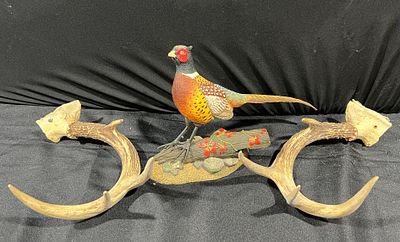 Hunting Memorabilia including a Tom Duran Pheasant Figurine and Deer Antlers. This collection 