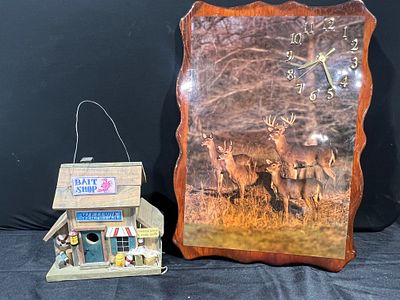 Wildlife Wall Clock and Nautical Folk Art Birdhouse. This lot comprises two rustic-style 