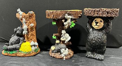 A Trio of Rustic Black Bear and Woodland-Themed Resin Garden Figurines. A trio of rustic 