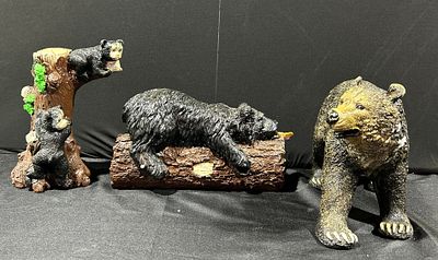 Three Rustic Cast Resin Bear Figurines in the Style of Ebros. Three rustic wildlife-themed 